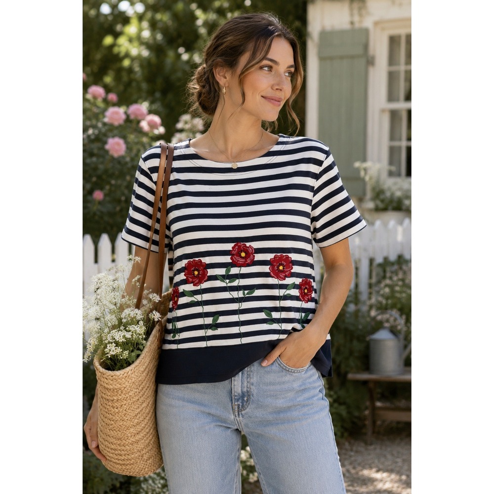 Striped Floral Embroidered Knit Top Cottage Garden Coastal Preppy Vintage